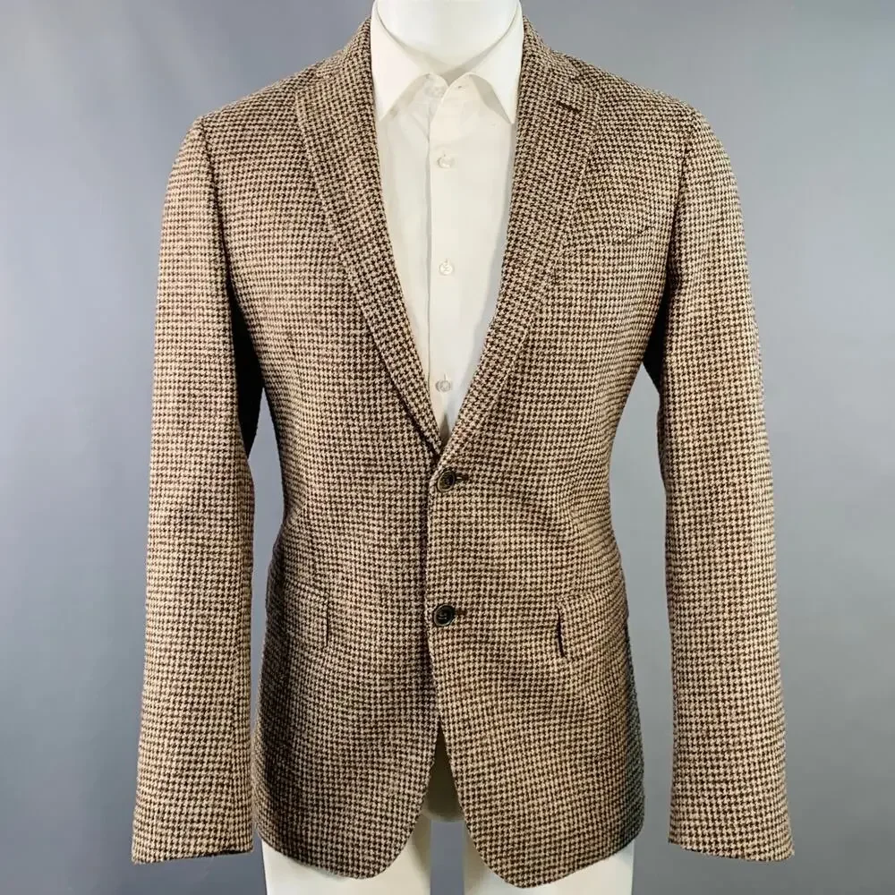 SAKS FIFTH AVENUE Size 40 Khaki Brown Houndstooth Wool Blend Sport Coat
